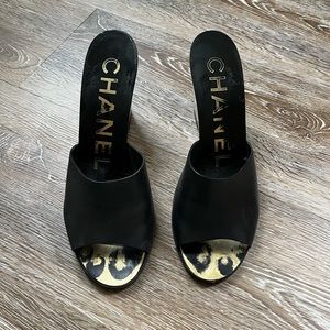 Chanel black leather wedge heels